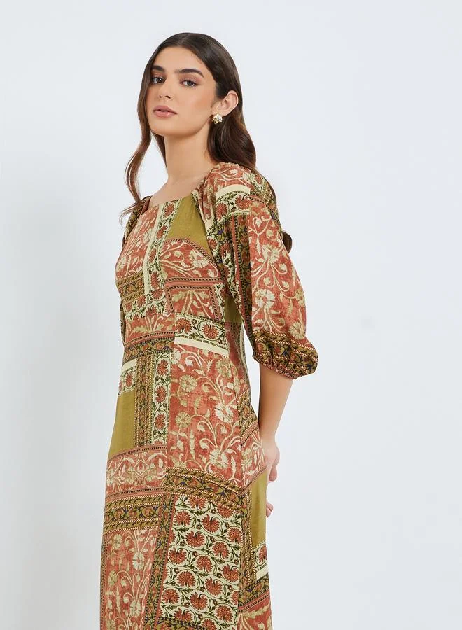 ستايلي فستان طويل نسائي مطبوع بأكمام منفوخة وحافة واسعة